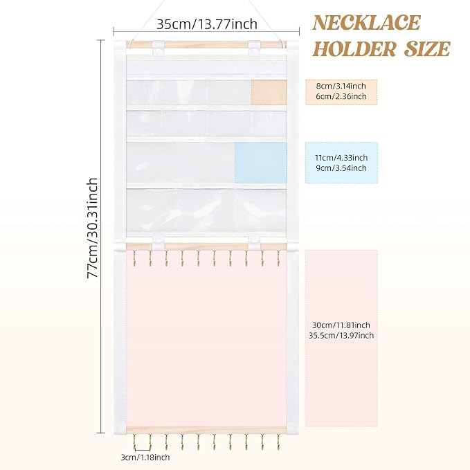 Hanging Jewelry Organizer with 20 Hooks & 14 Pockets for Women | Wall Mounted Necklace Holder Organizer With Detachable PVC Bags for Tavel, Jewelry Necklace Earring Bracelets Display