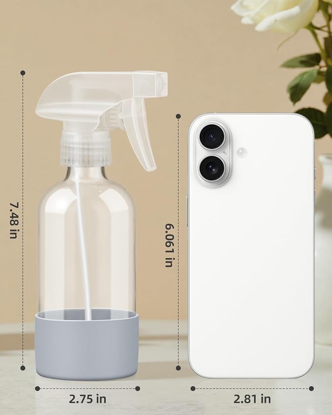 Worldgsb 2 Pack Glass Spray Bottles 8 oz, Empty Refillable Containers with Silicone Sleeve Protection, Glass Spray Bottles for Cleaning Solutions, Hair and Plants with Adjustable Nozzles Blue&Grey