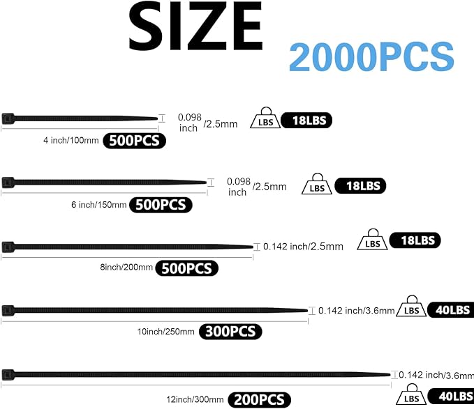 2000 PCS Zip Ties Assorted Sizes 4+6+8+10+12 Inch Self-locking Nylon Cable ties Outdoor, UV Resistant Wire Straps for Home Office Garden Workshop Indoor Outdoor Fence(Black)
