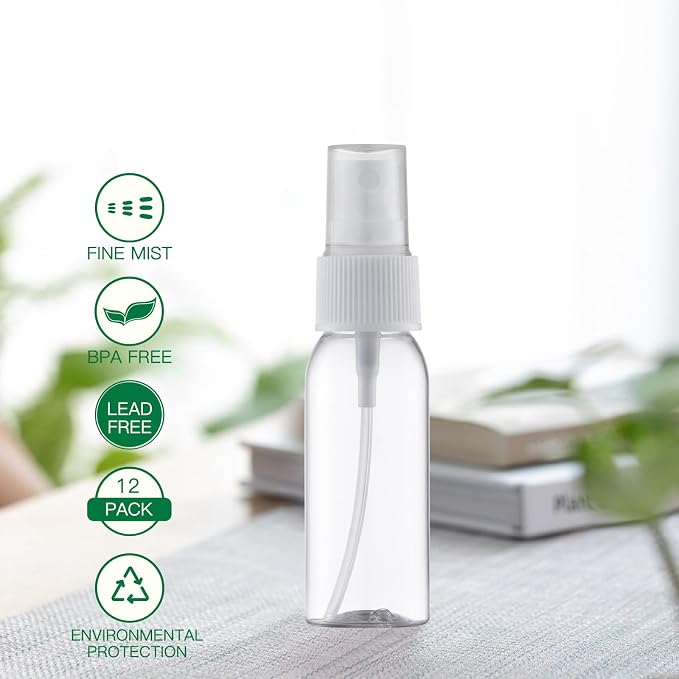 LISAPACK Plastic 1oz Spray Bottles Empty Small Mini Fine Mist Travel Size Atomizer, Tiny Sprayer for Little Perfume, Water, Cologne, Alcohol, Samples (12pcs, clear, 30ml)