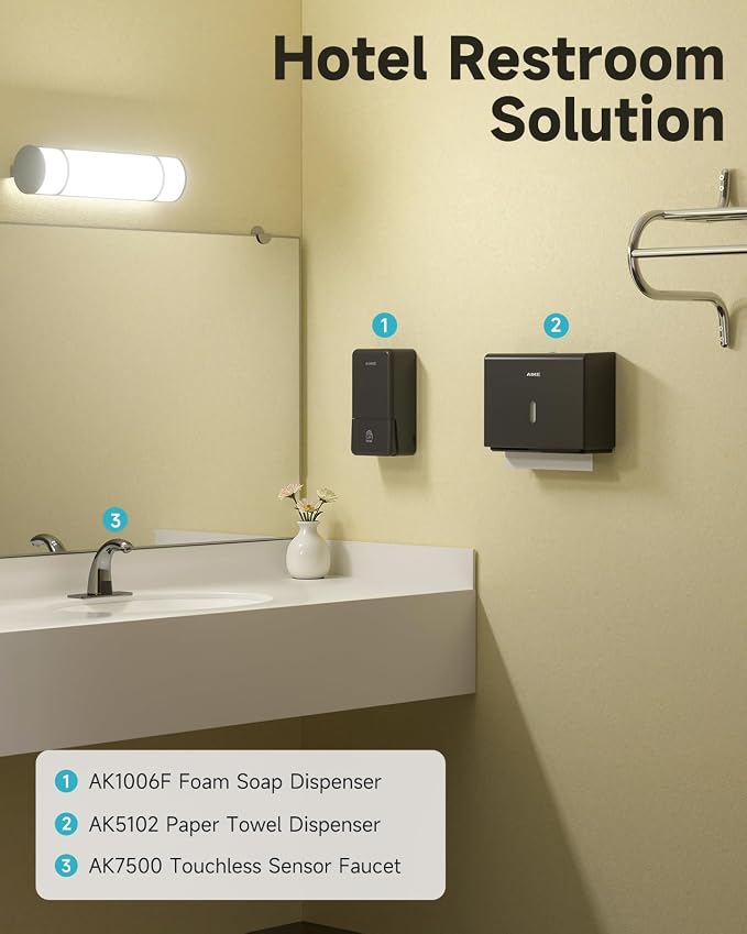 AIKE Foaming Commercial Soap Dispenser,27oz Capacity for Bathroom,Black | No-Drill and Screw Wall Mount Design for Space-Saving,Large Button and Capacity Dense Foam for Commercial Bathroom,AK1006F
