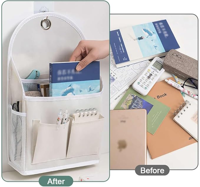 2 Pack Wall Hanging Storage Bag with Pocket, Fabric Organizer Basket with Sticky Hook, Over the Door Caddy Organizer Box for Closet Dormitory Bedroom Bathroom Kitchen (Beige)