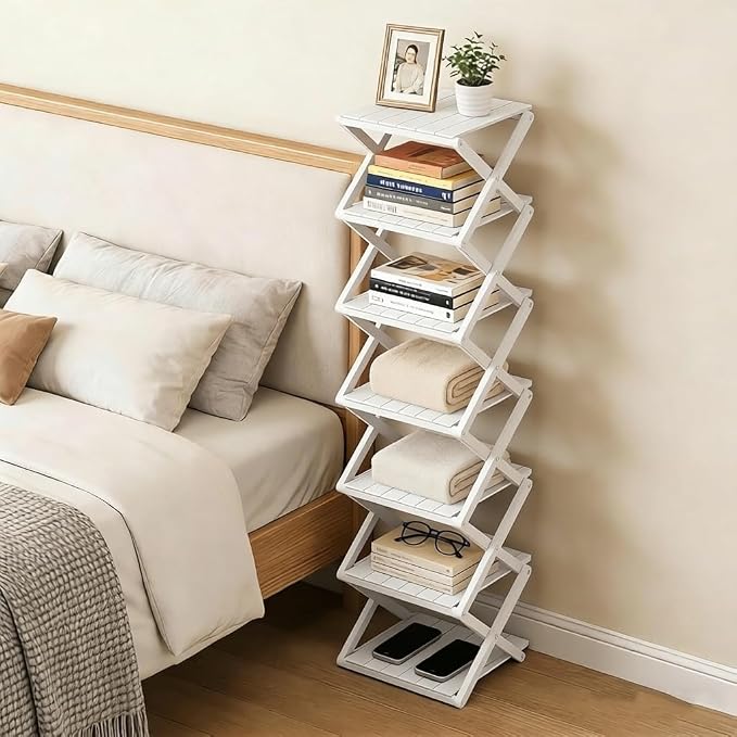 Bamboo Shoe Rack - No Assembly Required, Tall Narrow Foldable Shoe Organizer, Space-Saving Multifunctional Shelf for Entryways, Corners, Bedrooms, Balconies, 7 Layer White (Reinforced And Thickened )