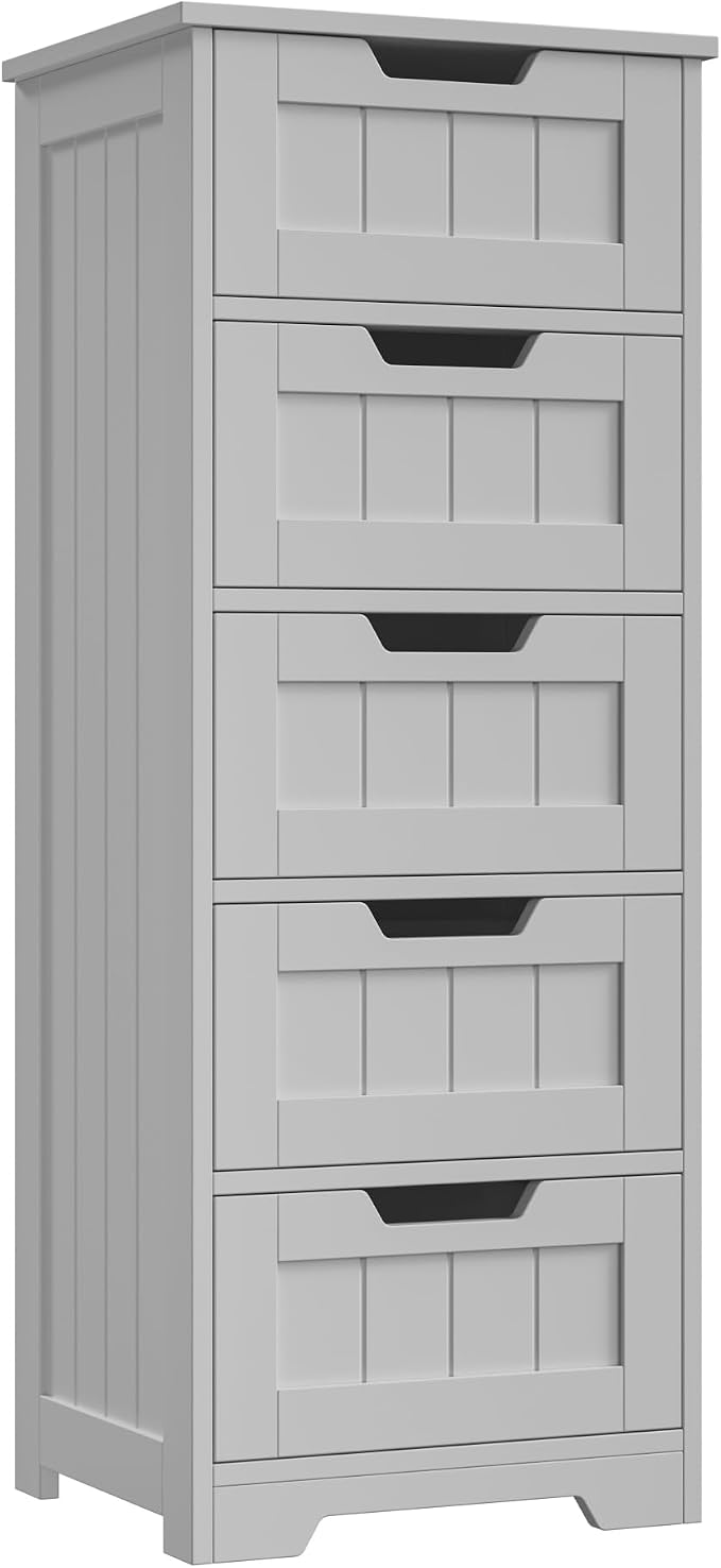 FOTOSOK Bathroom Cabinet, Bathroom Storage Cabinet with 5 Drawers, Wooden Storage Cabinets with Cut-Out Handles, 11.8” x 15.7” x 40.1” Bathrooms Floor Cabinets for Hallway/Living Room, Grey