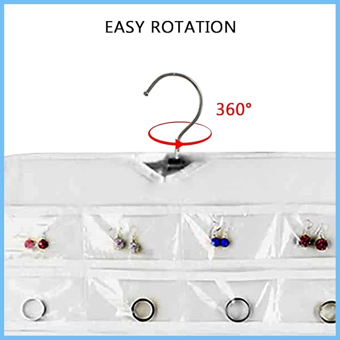 Hanging Jewelry Organizer 80-Pocket Double-Sided Storage, 1-Pack, White | Foldable clear PVC 80-pocket storage; swivel hook fits walls, doors & rods to organize earrings, necklaces, bracelets & rings