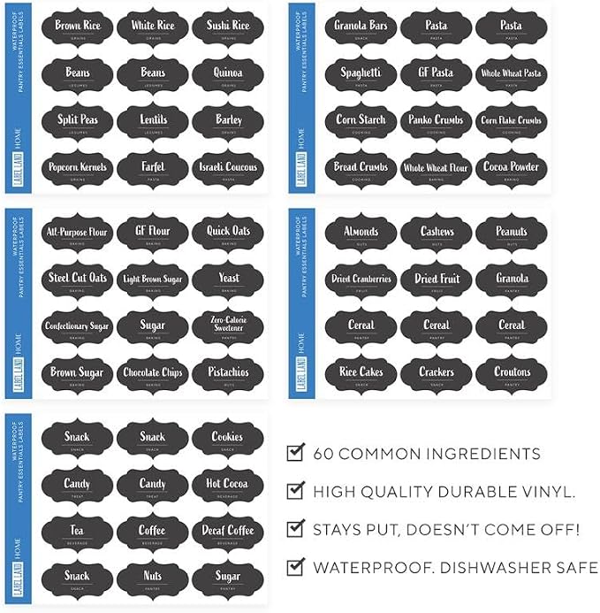 Pantry Labels – 60 Preprinted Easy to Apply Pantry Labels for Containers, Waterproof and Dishwasher Safe Labels, Organize Jar, Spices, Canister, for Kitchen Organization