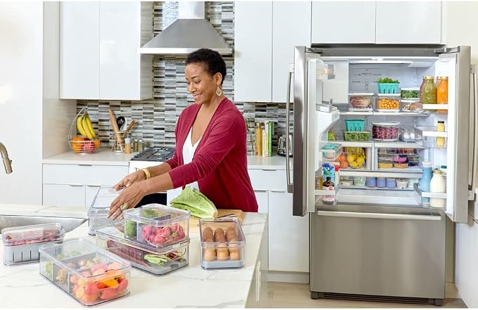 iDesign Crisp Produce Plastic Refrigerator and Modular Stacking Pantry Bin with Lid and Removable Inner Basket, Perfect for Washing Vegetables, Fruit, Lettuce, BPA Free 15.72" x 6.32" x 3.76" | Drain Tray, For Fruits & Veggies, Clear