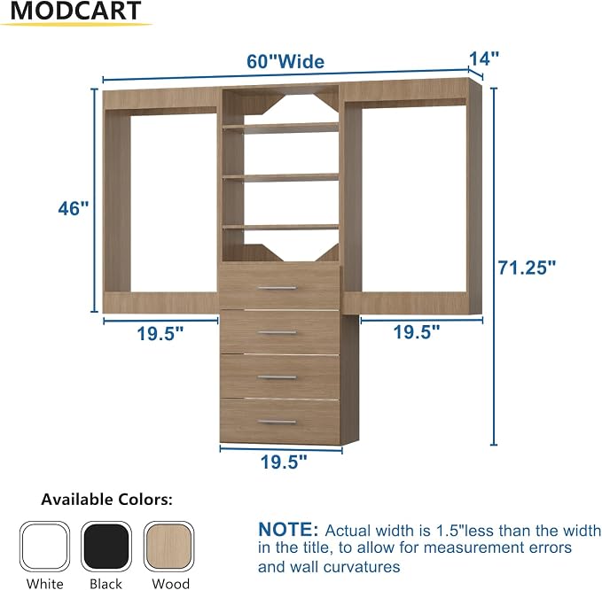 Modular Closet Organizer, 60" Wide, Hanging & Drawers, Wood Tower for Walk-In Closets, Wall-Mounted Wardrobe Organizer