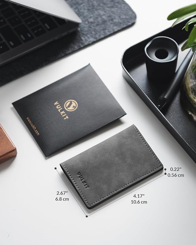 VULKIT Leather Business Card Holder 2 Sided Slim Business Name Card Organizer for Men or Women (Yangba Grey)