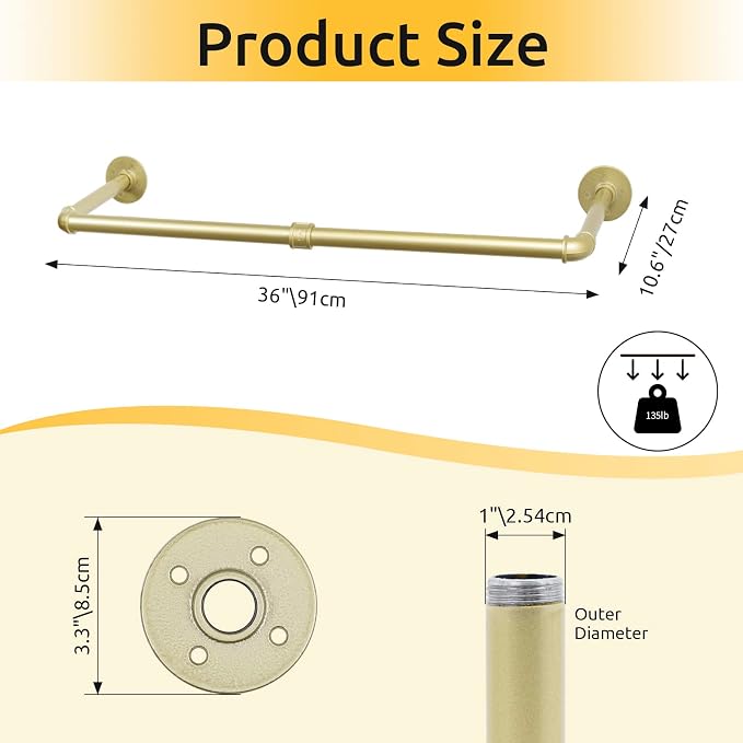Oroonoko 2 Packs Gold Industrial Pipe Clothes Rack,36 inch Pipe Garment Rack Hanging Rod Bar for Closet Storage,Laundry Room Up to Max Load 135lbs