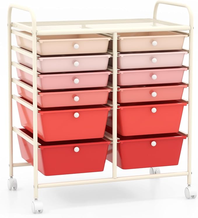DREAMADE Mixed-pink 12-Drawer Rolling Storage Cart with Removable Drawers, Metal Frame, Polypropylene Drawers, Lockable Wheels