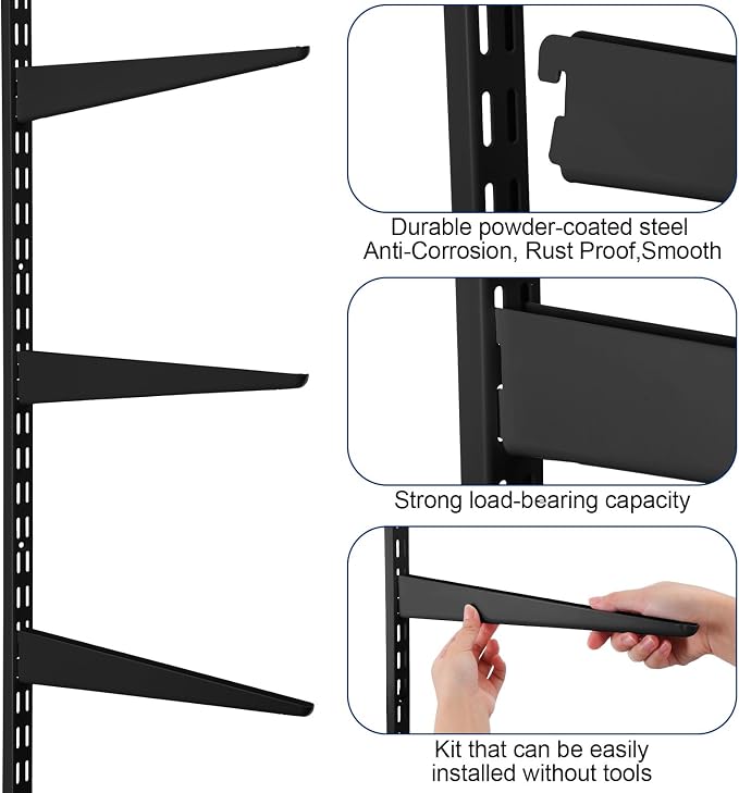 Colingmill 16 Pcs Dual Track Upright Wall Shelving System with Shelf Bracket 47. 5 Inch Heavy Duty Adjustable Storage Rack Metal Support System for Kitchen Closet Home Indoor (Black)