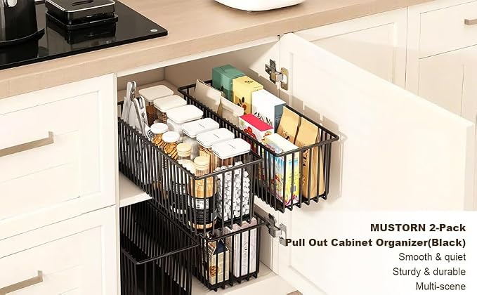 TrailBlaze Heavy Duty Pull Out Wire Storage Baskets for Kitchen Cabinets – Carbon Steel Slide-Out Drawers – Undershelf Pantry & Bathroom Organizer – Easy Install – 152x412x162mm – 2-Pack