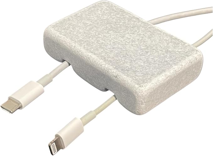 Cord Holder – Tumbled Marble Cable Tidy, Double | Handmade tumbled white marble cord holder keeps charging cables tidy on your desk. Weighted, non-slip. Double slot.