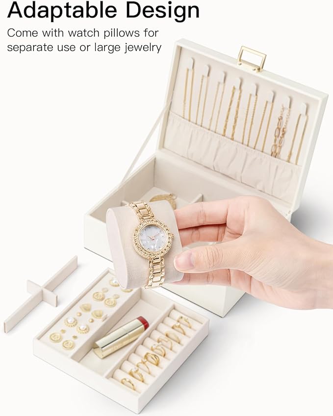 VLANDO Jewelry Organizer,2 Layer Jewelry Box Large Jewelry Organizer for Mothers Day Mom Gifts Women Removable Jewelery Tray with Watch Pillow for Necklace Earrings Rings Bracelets(Cream White)