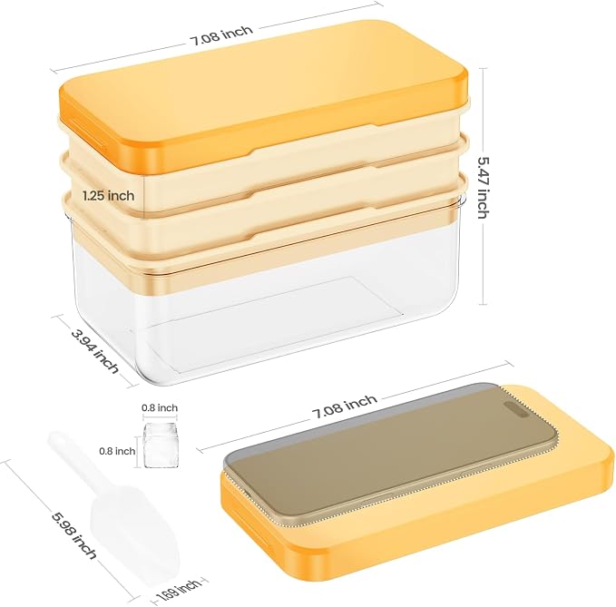 0.8“ Ice Cube Tray with Lid and Bin, PHINOX 84 Cubes Ice Trays for Freezer, Ice Cube Trays for Freezer with 3 trays, Container, Lid & Ice Scoop, BPA Free, Yellow(28Cubes/Tier)