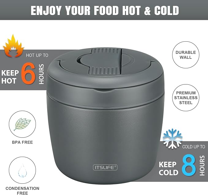 Itslife 32oz Insulated Soup Thermo, Vacuum Stainless Steel Food Jar for Hot & Cold Food, Leakproof Wide Mouth Lunch Container with Spoon, Grey