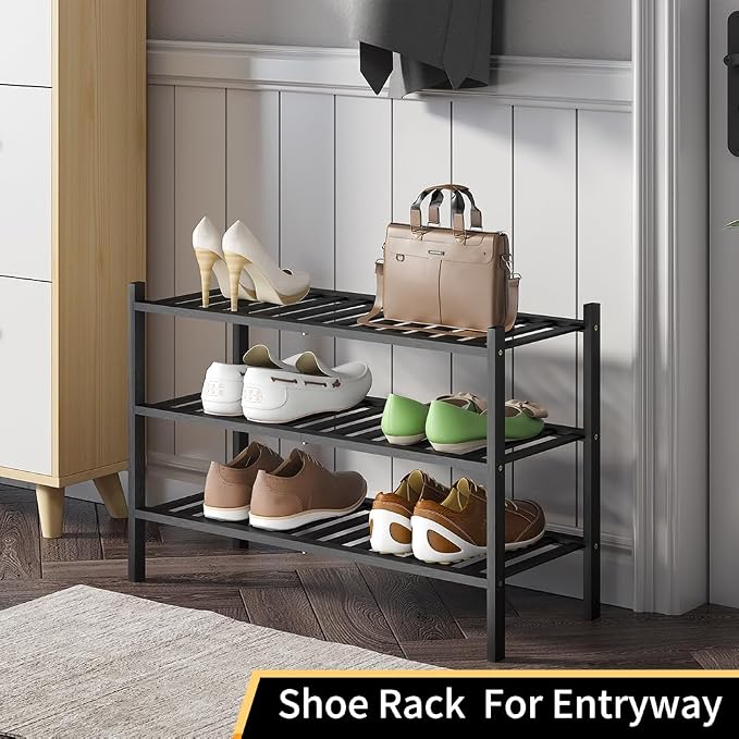 Shoe Rack, 3-Tier Bamboo Stackable Shoe Shelf Storage Organizer, Shoe Stand for Closet, Entryway and Hallway