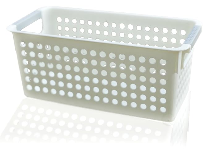Basicwise Rectangular Plastic Storage Basket with Easy-Grip Handles Ventilated Organizer Bin for Bathroom Pantry Closet Laundry Kitchen Shelves Countertops and Home Organization Essentials, White
