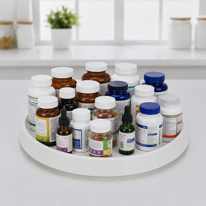 Medicine Bottle Organizer, Lazy Susan Turntable Organizer for Cabinet, Rotating Vitamin and Pill Bottle Storage for Bathroom, Kitchen, Pantry