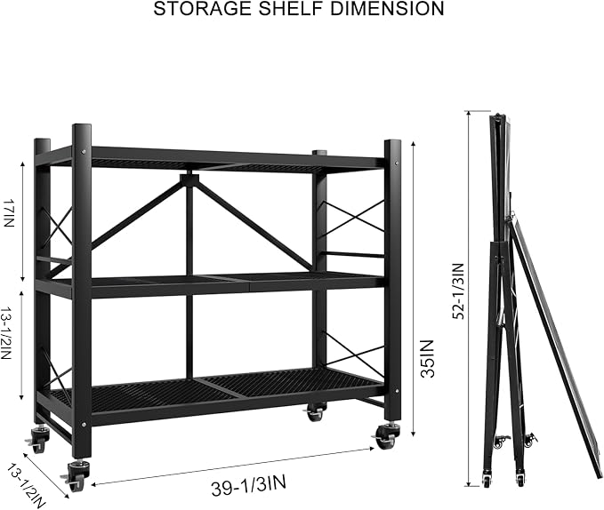 3-Tier Folding Storage Shelves, Heavy Duty Garage Shelving Unit, Adjustable Metal Standing Storage Rack Shelf, No Assembly Wire Shelving Organizer with Wheels for Kitchen Pantry Warehouse