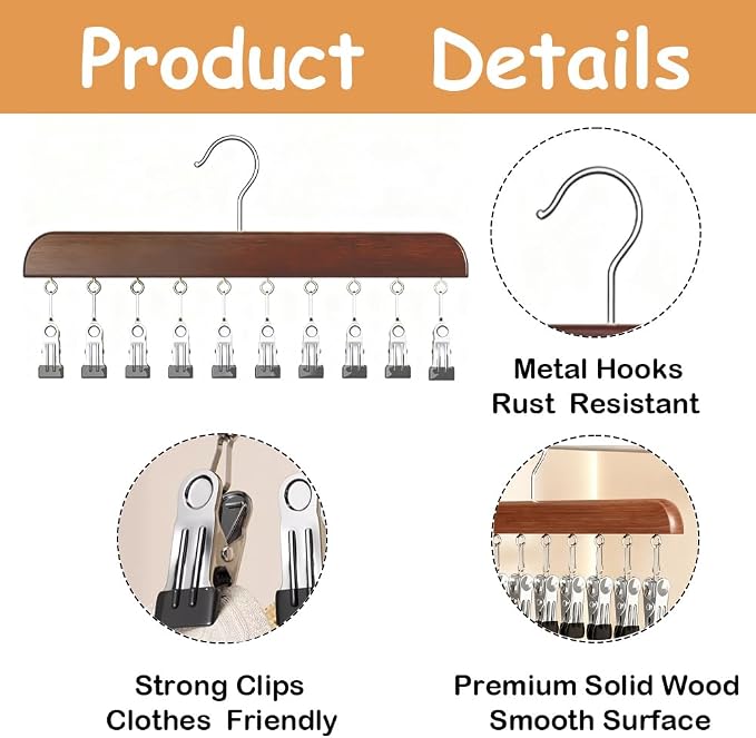 8 Pack Hat Hangers Bulk for Closet Display, Wooden Hat Storage Organizer with 80 Metal Clips for Baseball Caps, Summer Hat Rack for Beanie, Skullies, Visors, Walnut Brown Color