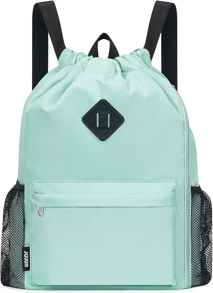 WANDF Drawstring Backpack with Shoe Compartment, Sports Gym Bag | Multi-Pocket Storage, Water-Resistant Fabric, Cinch String Bag