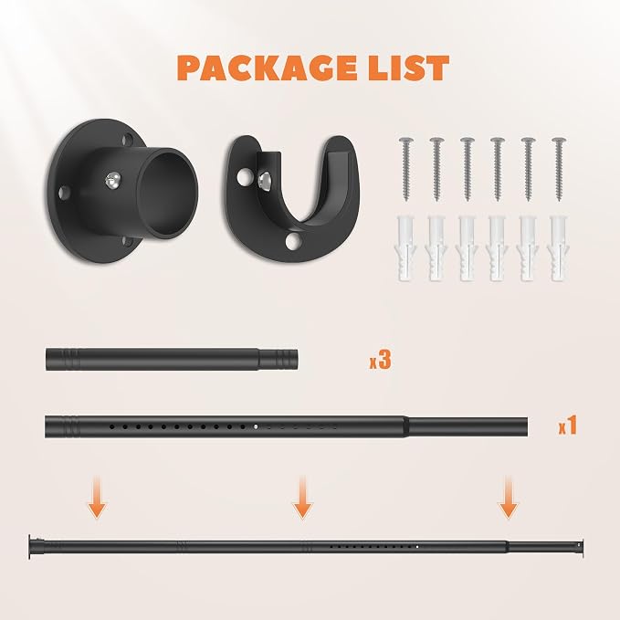Metal Closet Rod 1.3" Heavy Duty Adjustable Hanging Rod 17-63 Inch | Black, Stainless Steel, 1.3 Inch Diameter, Wall Brackets Included, For Hanging Clothes, Walk-In Closets, Laundry Rooms