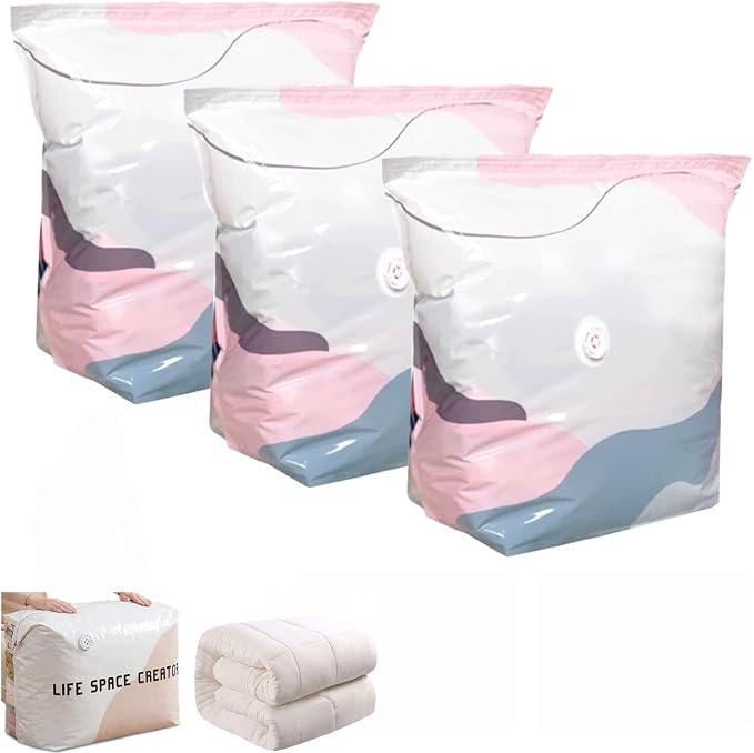 No-Pump Vacuum Storage Bags, Upgrade Large Compression Storage Bags, 3D Standing Upright Design, Pump-Free Press & Seal for Clothes, Comforters, Blankets, Bedding, (3Pack)