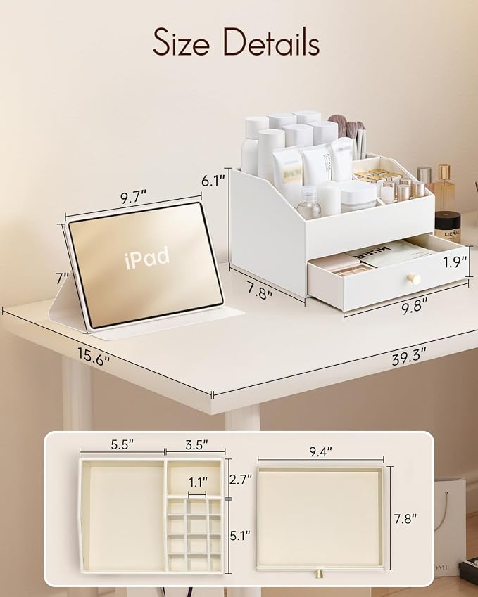 VLANDO Makeup Organizer,Vanity Organizer with Drawers, PU Leather Skincare Organizer Perfume Organizer,Large Cosmetic Display Case for Lipstick,Brushes Gifts for Women-White