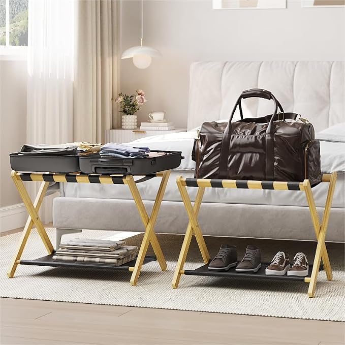 Smart FENDEE 2 Pack Luggage Rack, Folding Luggage Rack for Guest Room, Bamboo Suitcase Stand Holds up to 131 lb, Luggage Stand with Storage Shelf for Hotel, Bedroom