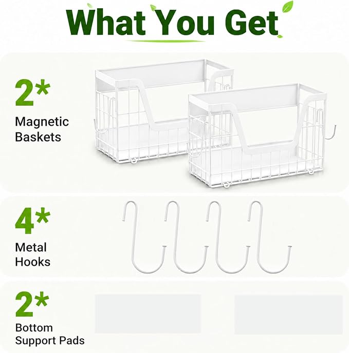 UFORU 2 Set Magnetic Shelf for Fridge, Magnetic Fruit Basket for Refrigerator, Potato Onion Storage Bins with Strong Magnets, Fridge Magnetic Spice Rack for Pantry Kitchen Counter Laundry Room, White