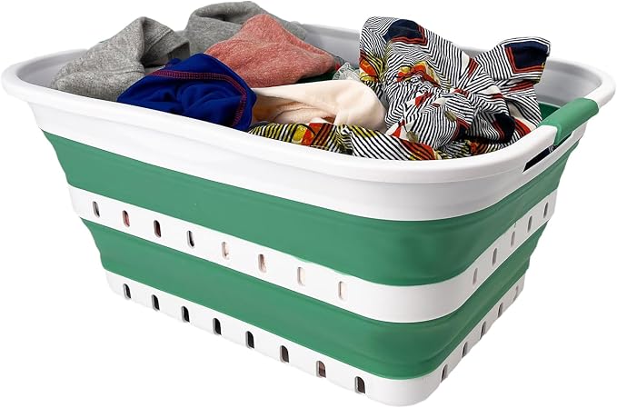SAMMART 42L (11 gallon) Collapsible Plastic Laundry Basket - Foldable Pop Up Storage Container/Organizer - Space Saving Hamper/Basket (1, White/Winter Green)