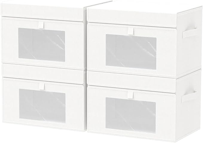 Transparent Window Storage Bin, Cube Organizer Basket with Flip-Top Lid and 2 Handles, Decorative Boxes with Cover, 4 Pack, White, 15 x 9.8 x 9.8 In, XSNY17WL-4