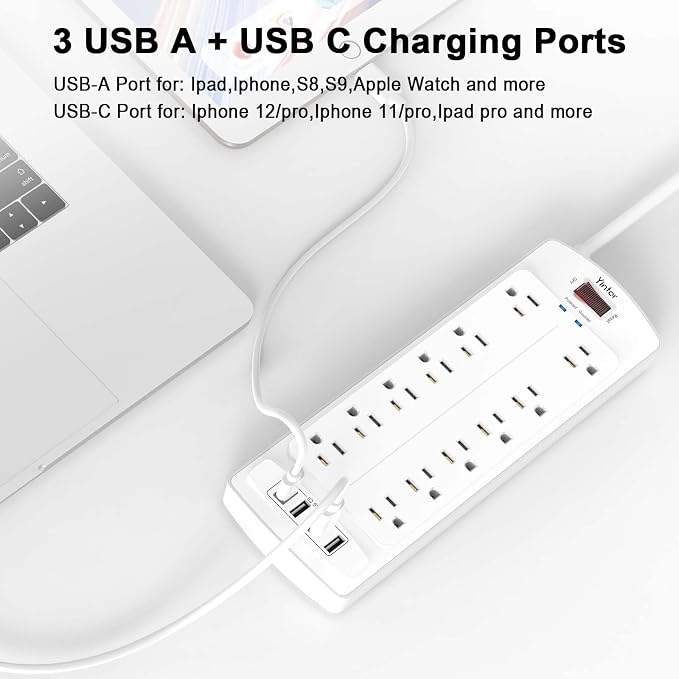 6 Feet Extension Cord Power Strip, Yintar Surge Protector with 12 AC Outlets and 4 USB Ports, 2700 Joules, ETL Listed, White