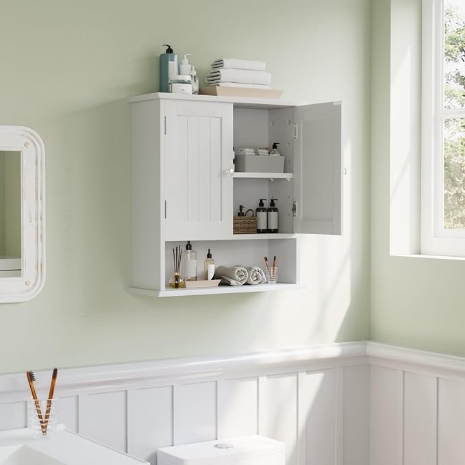 Smuxee White Bathroom Cabinet Wall Mounted, Small Bathroom Medicine Cabinet with 2 Door Adjustable Shelves, Bathroom Wall Cabinet Over Toilet for Laundry Room Kitchen