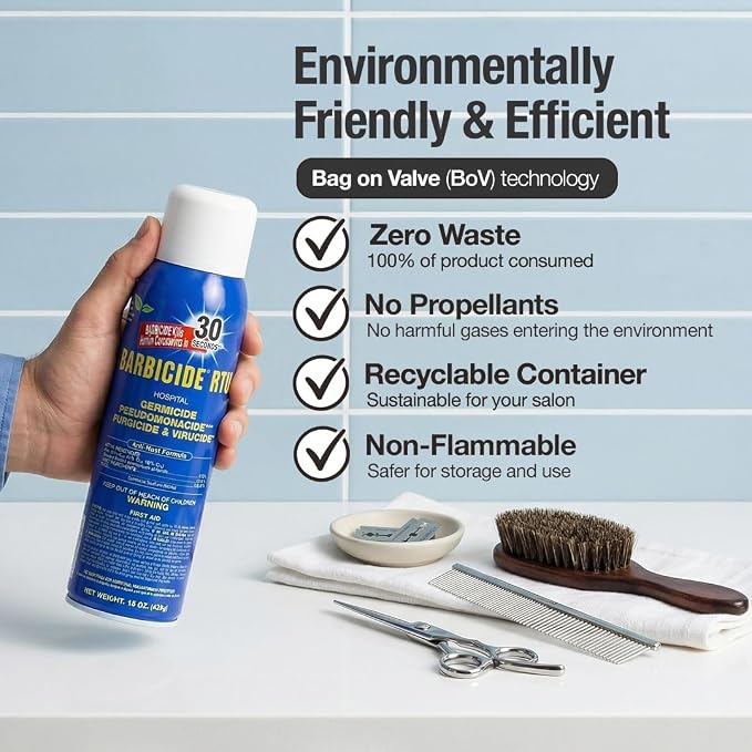 BARBICIDE RTU (Ready-to-Use) Professional Surface Spray, Hospital Grade Cleaner for Salons, Barbershops & Spas, EPA Registered Non-Aerosol Mist for Non-Porous Surfaces, 15 Oz, 2 Pack