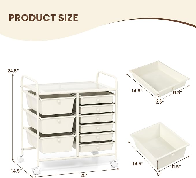 COSTWAY Rolling Storage Cart with 9 Drawer, Utility Cart with Metal Frame | Mobile Art Supply Craft Organizer, Multipurpose Storage Organizer for Paper, Office, School Teacher, Classroom, White