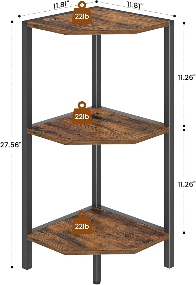 Creso hom Corner Shelf, 3-Tier Industrial Corner Bookshelf with Metal Frame, Multipurpose Corner Display Rack for Living Room Kitchen Bedroom Office Organization and Storage, Rustic Brown