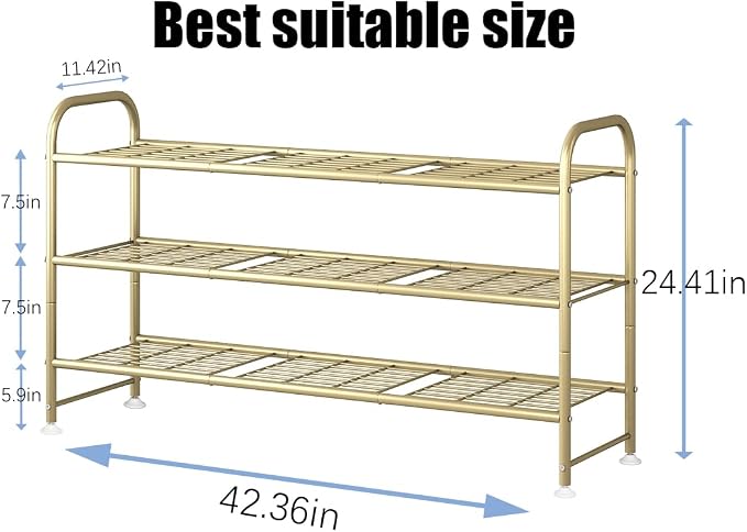 LINZINAR 3 Tier Long Shoe Rack for Closet Metal Shoe Organizer for Entryway | Spacious design stores 20+ pairs of shoes,durable metal frame,space-saving organizer for closet, hallway, and Entryway Gold