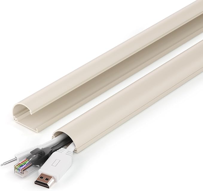 ZhiYo 34in Cord Hider for 2-4 Wall-Mounted TV Wires, 1.4" W x 0.7" H, Beige | Split-Hinge Design for Easy Installation, Half-Round Glazed Finish Ideal for Wall/Baseboard, Self-Adhesive, 2 Pack (17" Each)