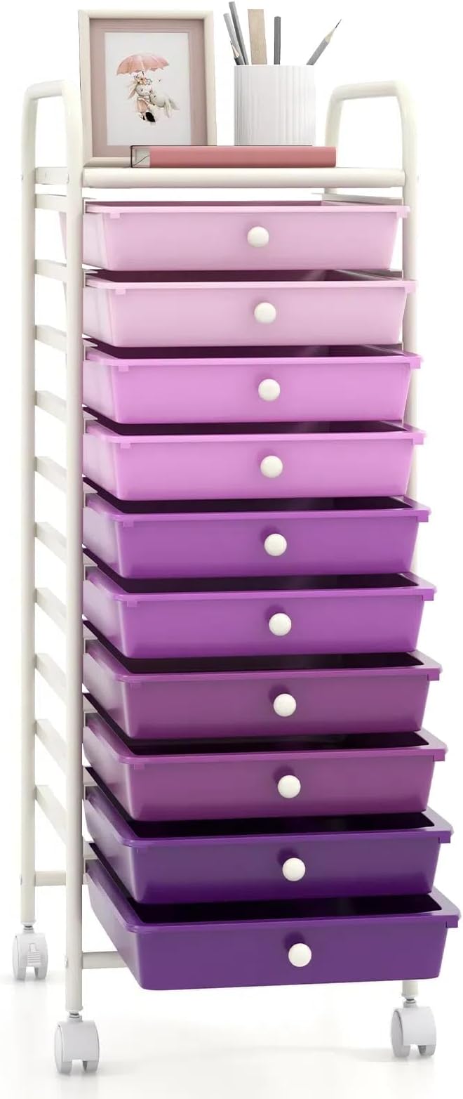 DREAMADE Rolling Cart with Storage Drawers, Utility Cart w/Removable Plastic Drawers, Lockable Wheels, Art Cart for Classroom Organization Art Supplies Office Scrapbook (10 Drawers, Gradient Purple)