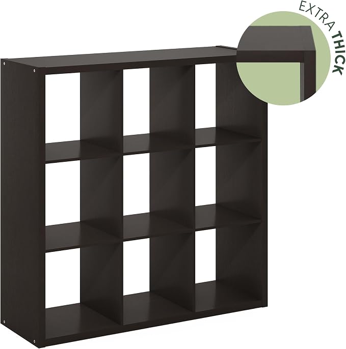 Furinno CUBICLE 9-Cube Book Shelf, Extra Thick Frame Bookshelf, Dark Oak | 14.6" x 44" x 44", Reversible Bookcase with Open Back, for Living Room, Bedroom, Home Office