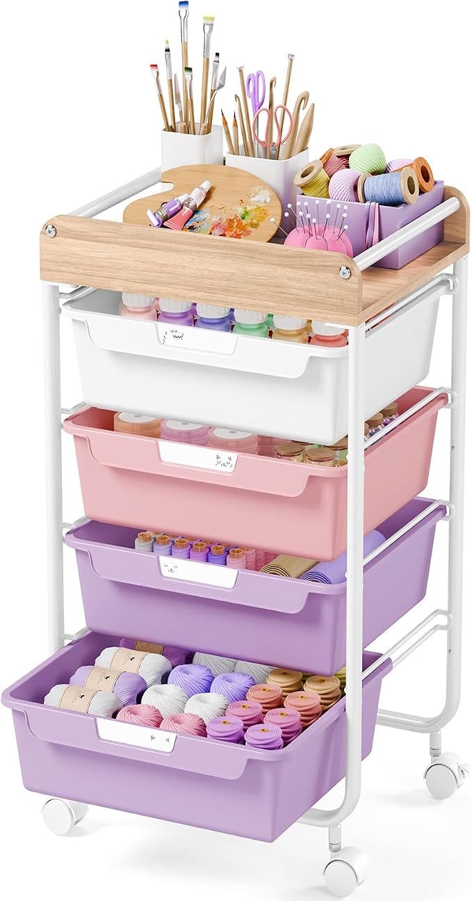 SYKIARIOL Rolling Storage Utility Cart with 4 Drawers,Kids Craft Art Cart,Makeup Organizer and Storage with Wooden Tabletop,Purple
