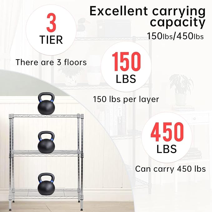 Meet perfect 3-Tier Metal Shelving Unit, 30.2" H x 13.2" W x 23" D Adjustable Wire Rack, 450 lbs Heavy Duty Storage Organizer for Kitchen, Garage, Pantry, Laundry