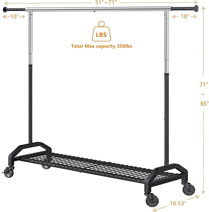 Wiracks Heavy Duty Clothes Rack for Hanging Clothes Extendable Rolling Clothing Rack for Hanging Clothes 350lbs Chrome 51 to 71" W x 16.53" D x 65" to 71" H 3" Industrial Wheels