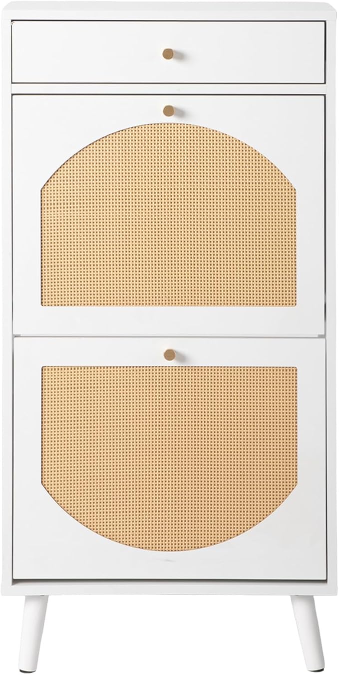 VINGLI Rattan Shoe Cabinet, White Slim Shoe Storage Cabinet for Entryway, Modern Boho 2 Flip Drawer Shoe Rack Organizer with Top Drawer, Narrow Hidden Shoe Storage for Hallway, 21.3" W x 9.4" D