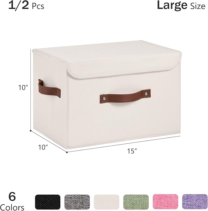 Storage Bins Box with Lids Decorative Cotton Linen Fabric Baskets Cubes with Handles PP Plastic Board Foldable Washable Lidded Clothing Shelf Closet Organizer Container (Beige, Large)