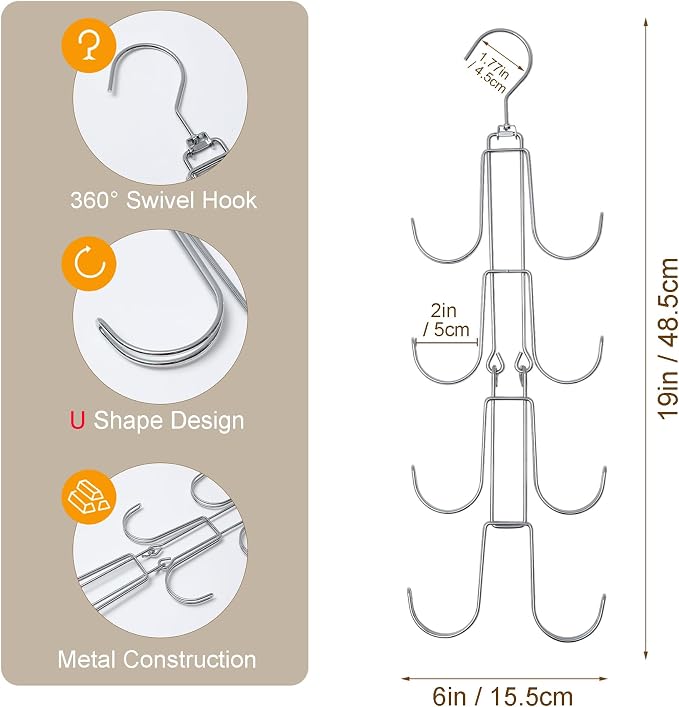 2 Pack Purse Organizer for Closet, 4-Tier Hanging Bag Holder, Silver Metal Closet Organization Purse Hanger Backpack Rack Space Saving Hanger
