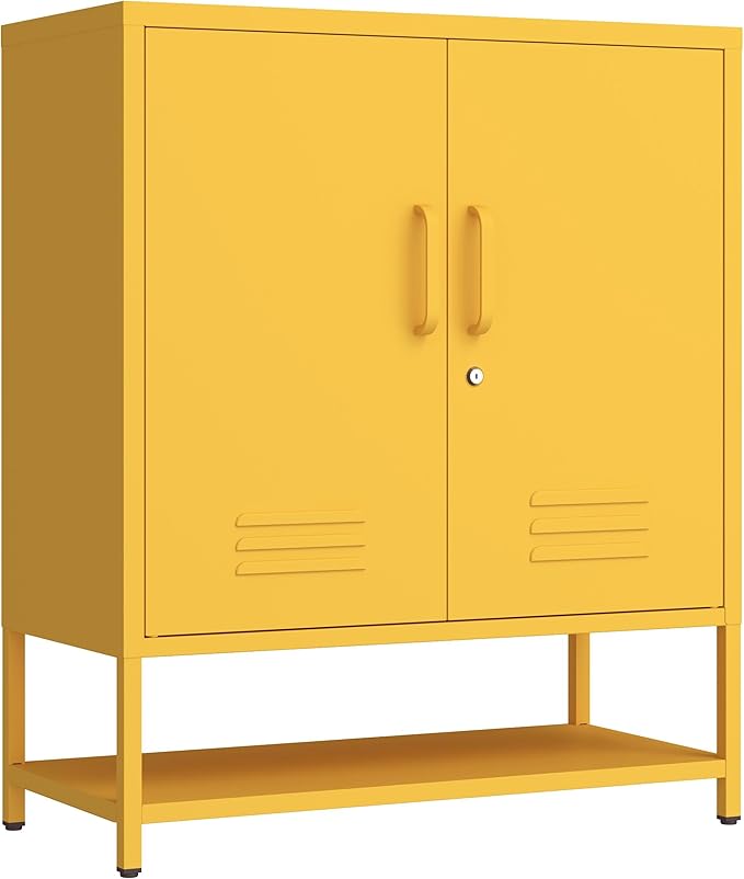 Yellow Lockable Metal Shoe Cabinet, Freestanding Accent Storage Cabinet with Adjustable Shelves, Multipurpose Storage Rack for Hallway Entryway Living Room 33" H X 29.5" W X 13.8" D